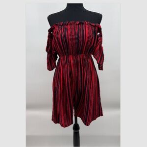 Lex Breezy Romper Women Small Red Black Ruffle Off The Shoulders Rayon